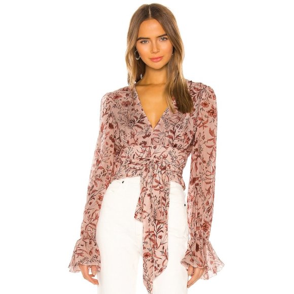 AMUR Helene Tie Waist Floral Silk Wrap Crop Top - Picture 7 of 16